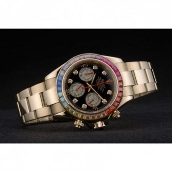 Rolex Daytona Cosmograph Rainbow Crystals Bezel Rose Gold Strap Black Dial 80251
