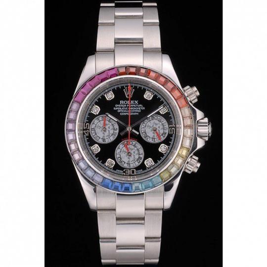 Rolex Daytona Cosmograph Rainbow Crystals Bezel Stainless Steep Strap Black Dial 80250