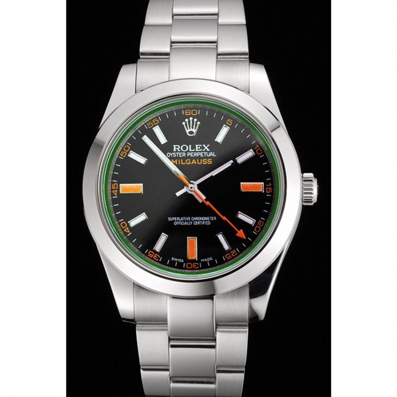 Rolex Milgauss Black Dial Orange Markings Stainless Steel Case And Bracelet